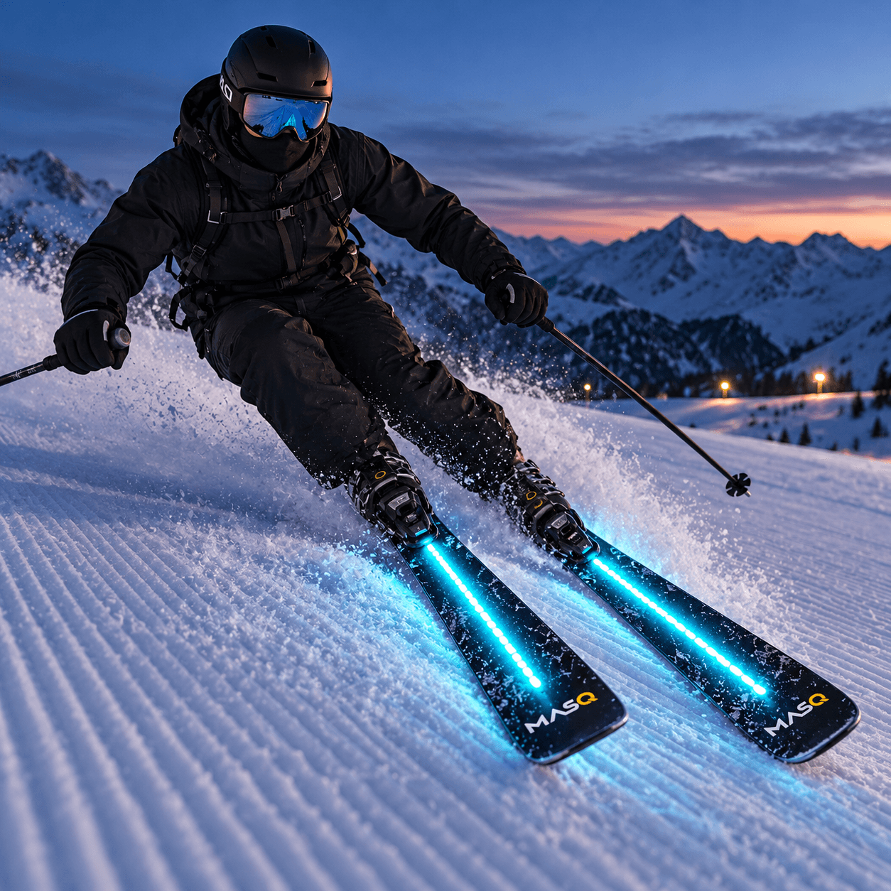 Skier using MASQ LEDS SKI on a run at dusk