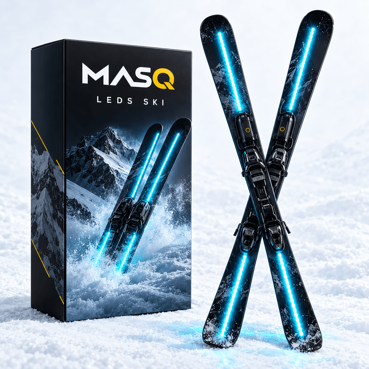 Black skis fitted with cyan LEDs beside MASQ LEDS SKI packaging