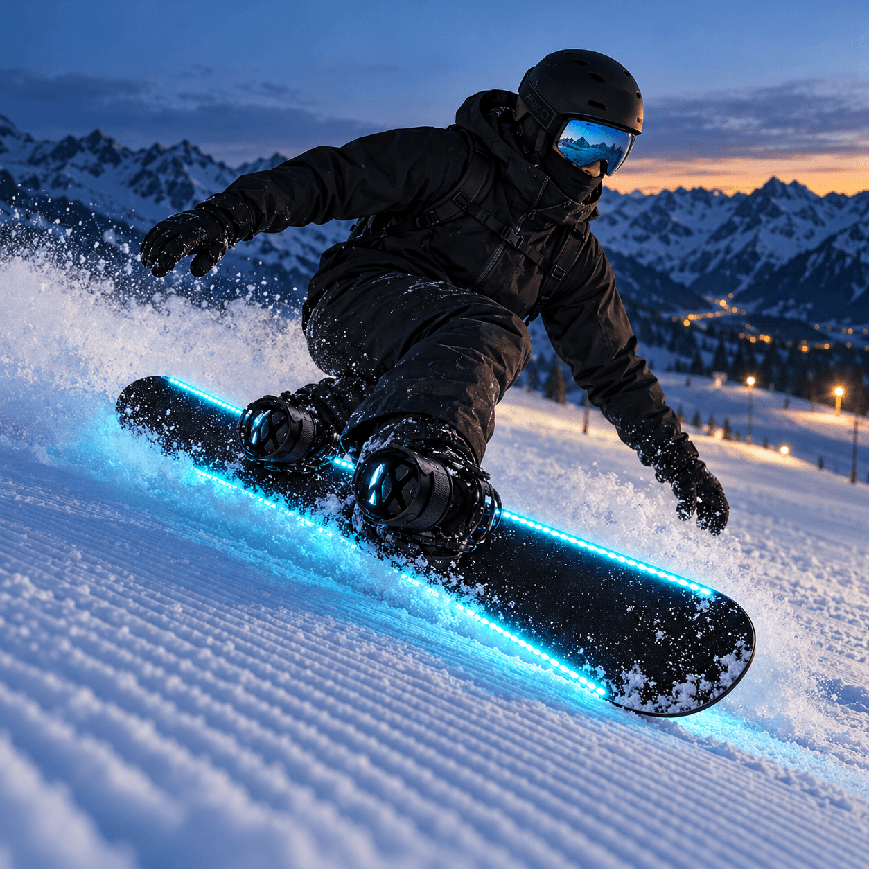 Snowboardeur utilisant les MASQ LEDS SNOW au crépuscule