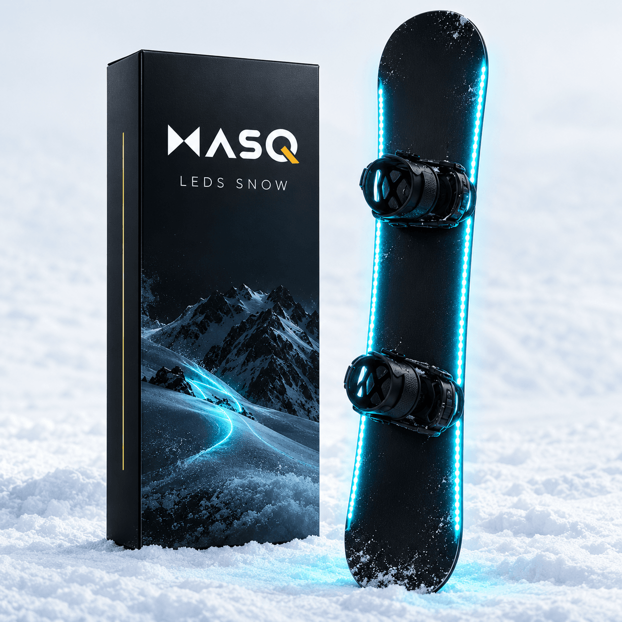 Black snowboard edged with cyan LEDs beside MASQ LEDS SNOW packaging