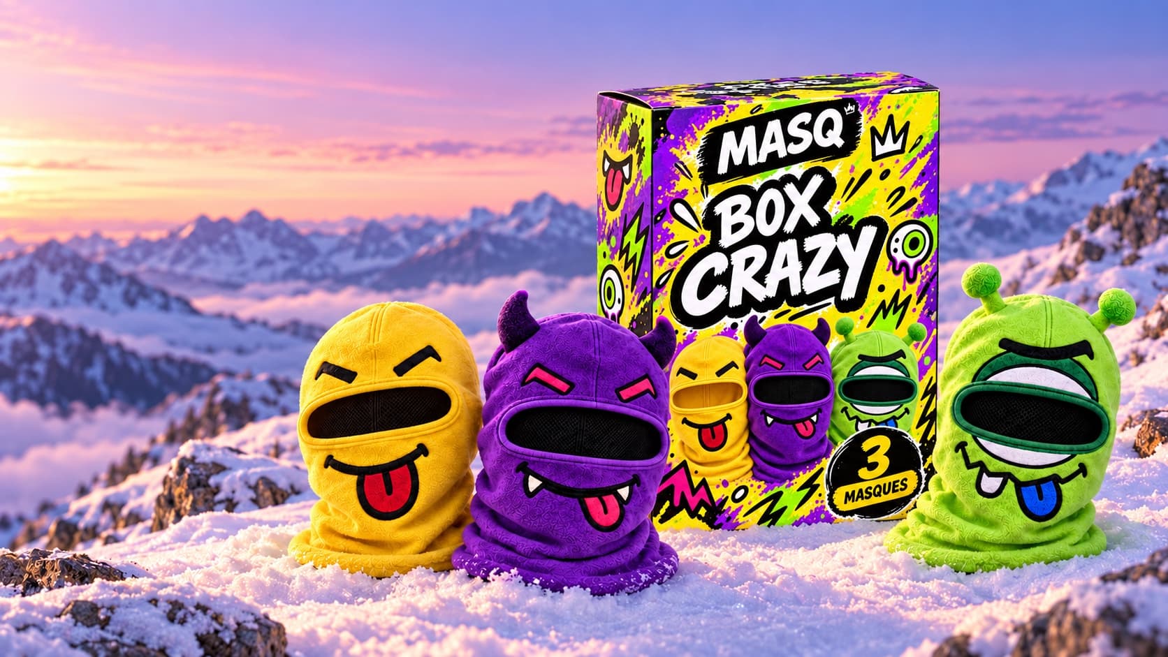 La Box Crazy portant le logo MASQ, entourée des cagoules Yellow Tongue, Purple Devil et Green Cyclops dans la neige.