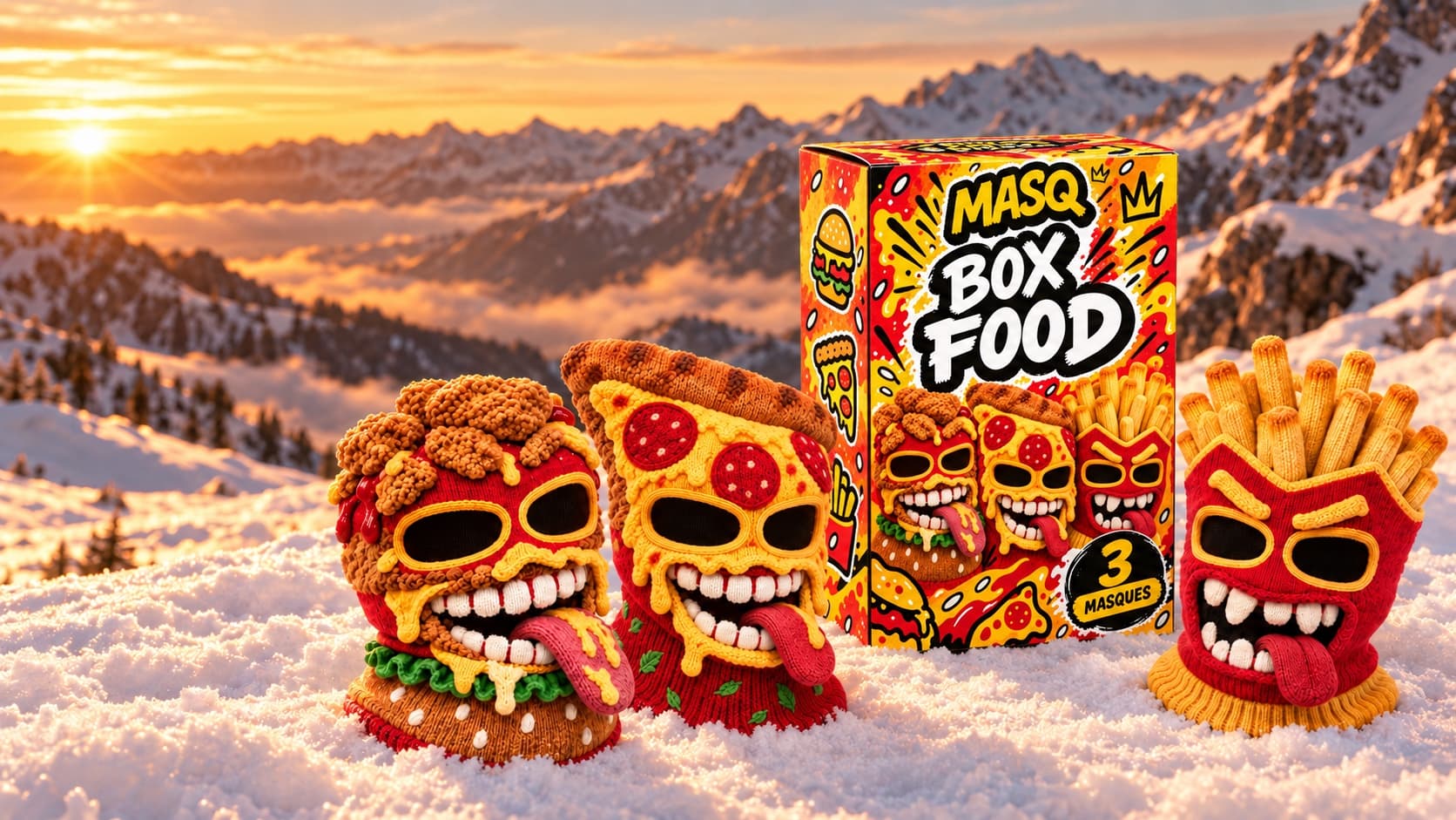 La Box Food portant le logo MASQ, entourée des cagoules Burger Monster, Pizza Panic et Fries Fury dans la neige.