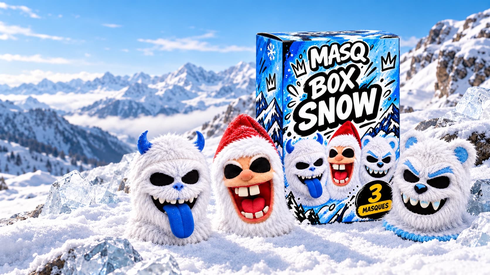 La Box Snow portant le logo MASQ, entourée des cagoules Blue Yeti, Snow Grin et Polar Fang dans la neige.