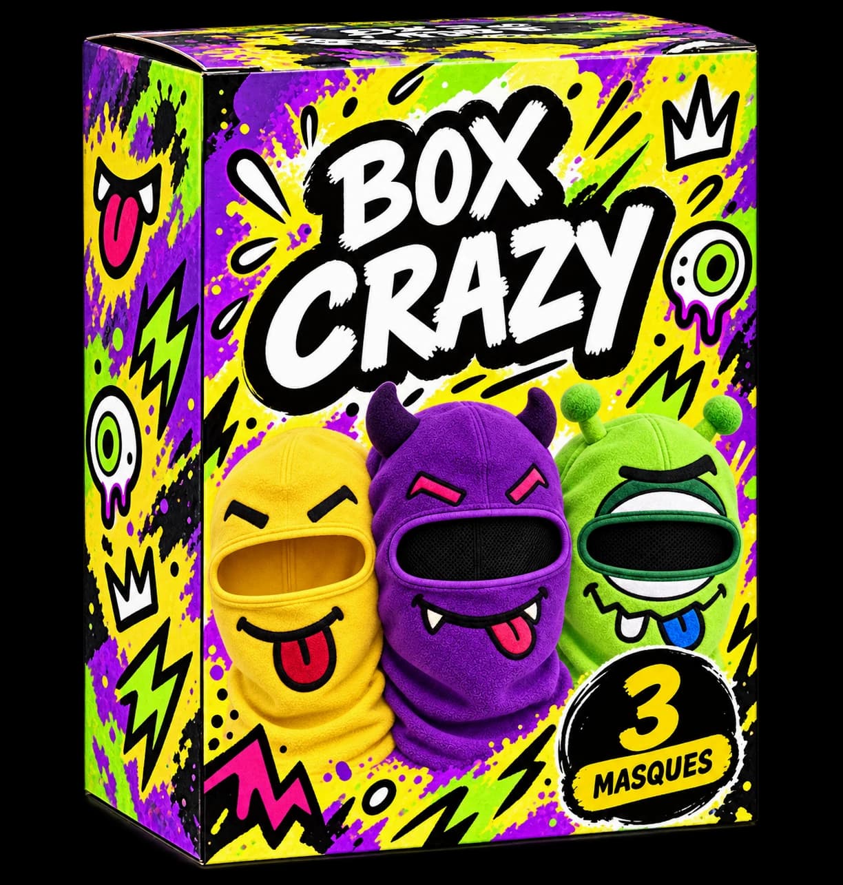 Yellow Box Crazy packaging showing Yellow Tongue, Purple Devil and Green Cyclops, with the « 3 masks » badge.