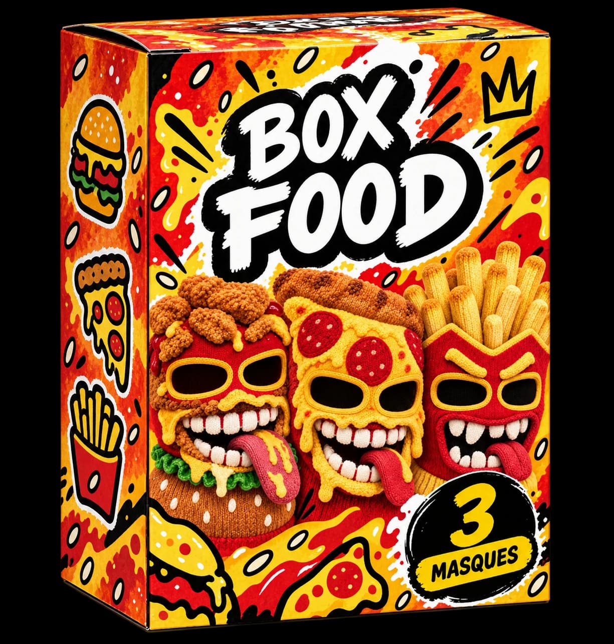 Orange Box Food packaging showing Burger Monster, Pizza Panic and Fries Fury, with the « 3 masks » badge.