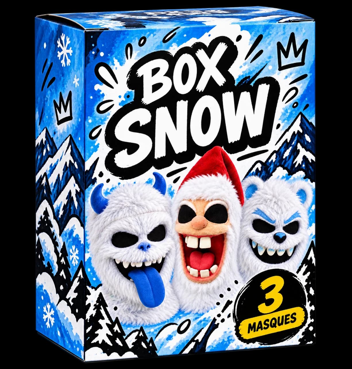 Glacier-blue Box Snow packaging showing Blue Yeti, Snow Grin and Polar Fang, with the « 3 masks » badge.