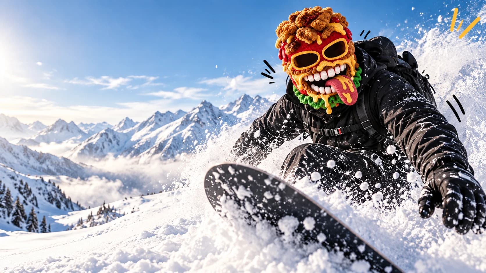 Un skieur masqué Burger Monster dévale une pente enneigée, accompagné de Blue Yeti et Yellow Tongue.