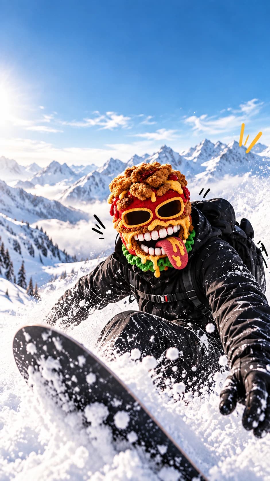 Un skieur masqué Burger Monster dévale une pente enneigée.
