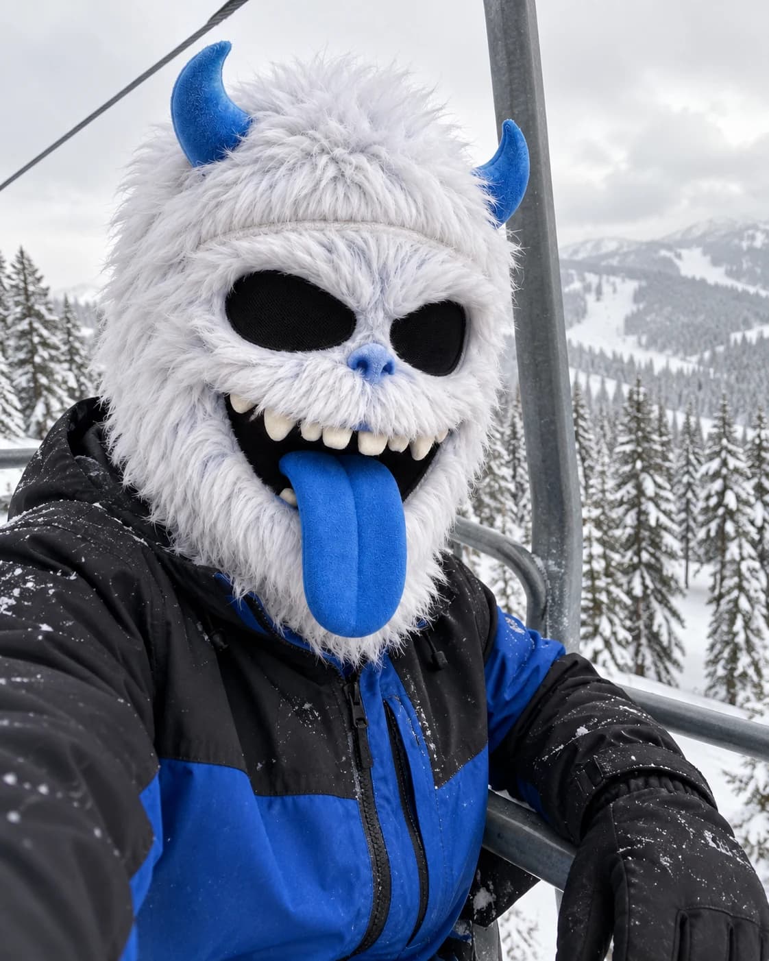 Blue Yeti worn on a mountain chairlift.