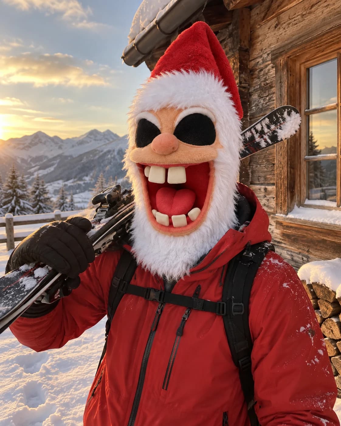 Snow Grin worn in front of a snowy chalet.