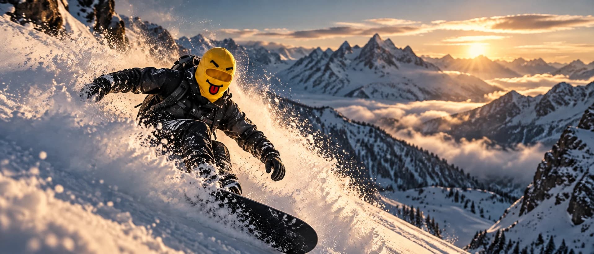 Snowboarder portant le masque Yellow Tongue au coucher du soleil.