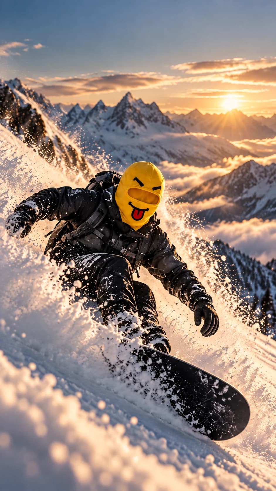 Snowboarder portant le masque Yellow Tongue au coucher du soleil.