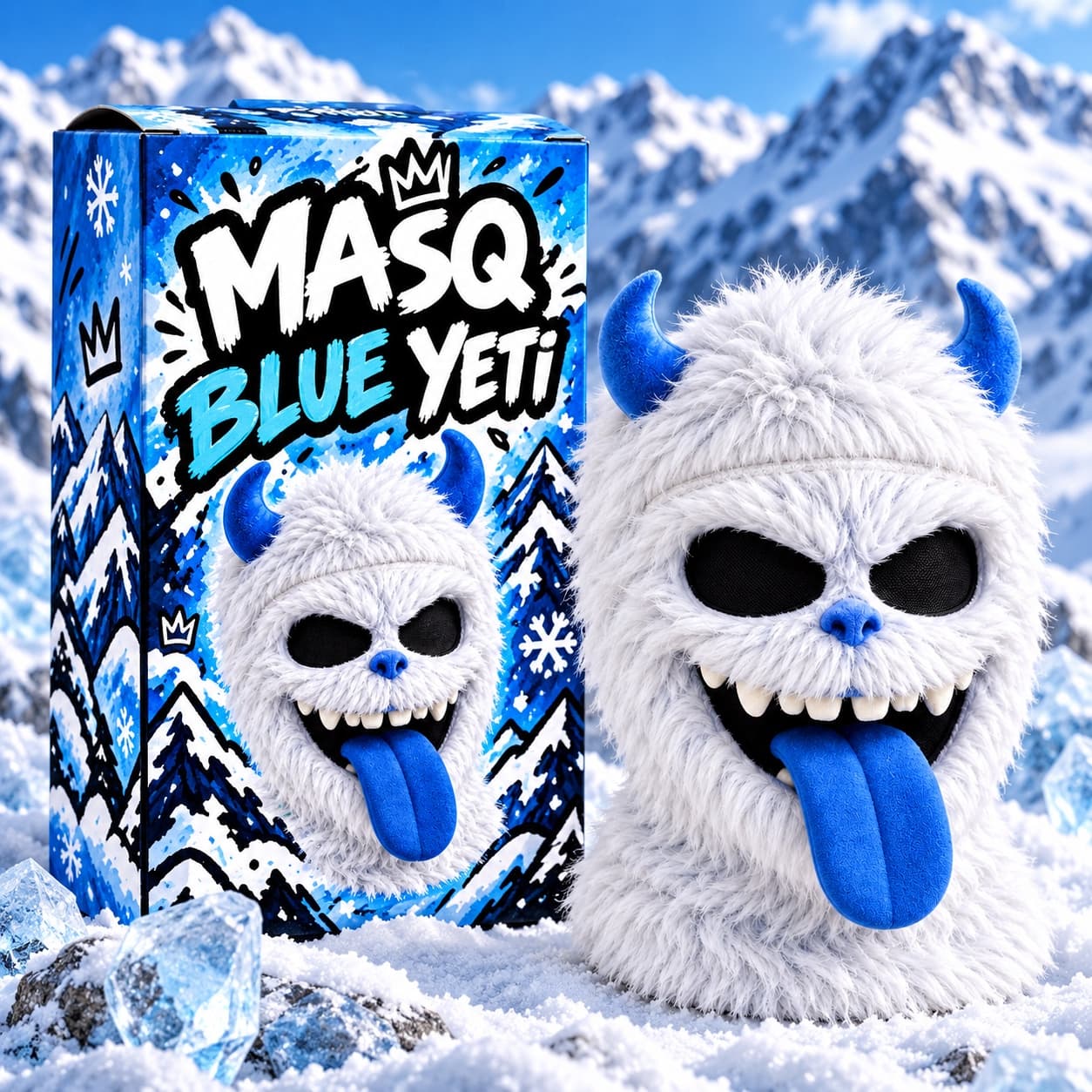 Individual MASQ Blue Yeti packaging set in the snow next to the Blue Yeti balaclava.