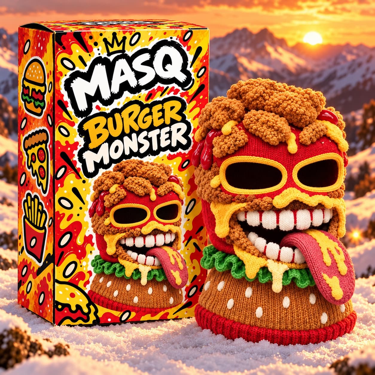 Individual MASQ Burger Monster packaging set in the snow next to the Burger Monster balaclava.