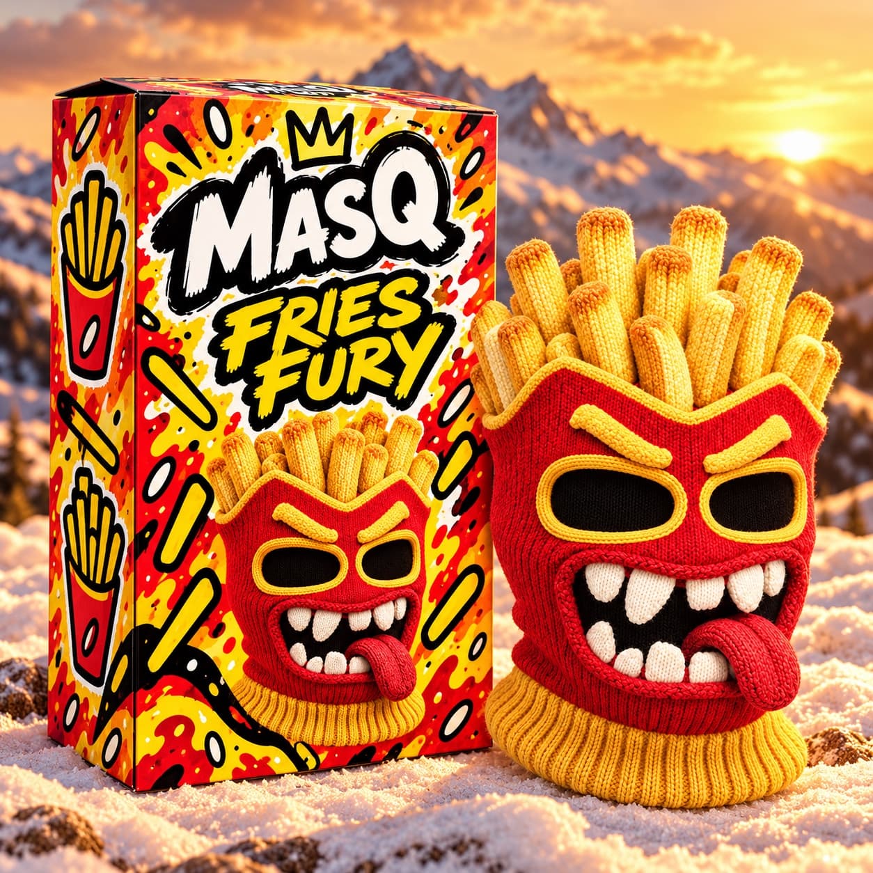 Individual MASQ Fries Fury packaging set in the snow next to the Fries Fury balaclava.