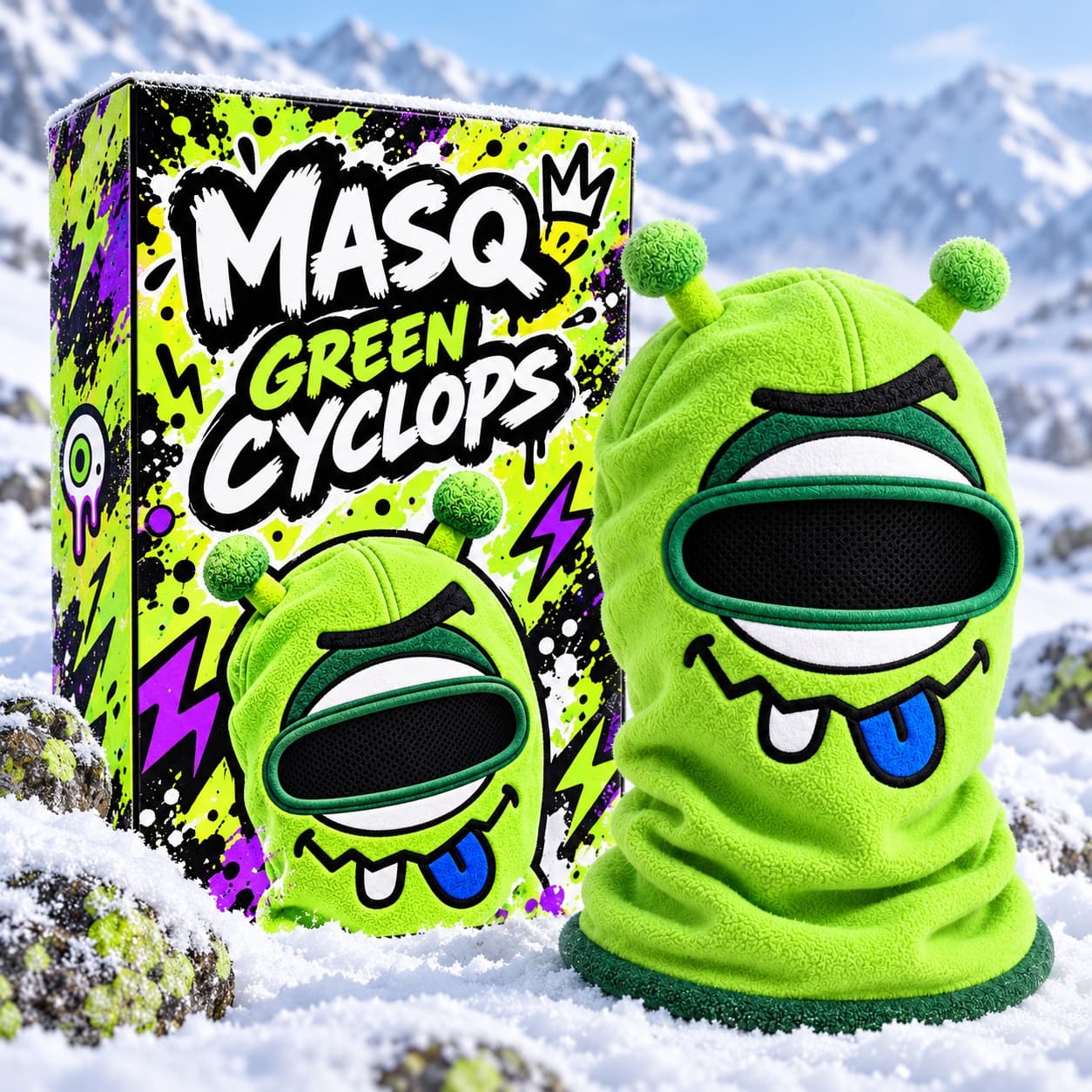 Individual MASQ Green Cyclops packaging set in the snow next to the Green Cyclops balaclava.
