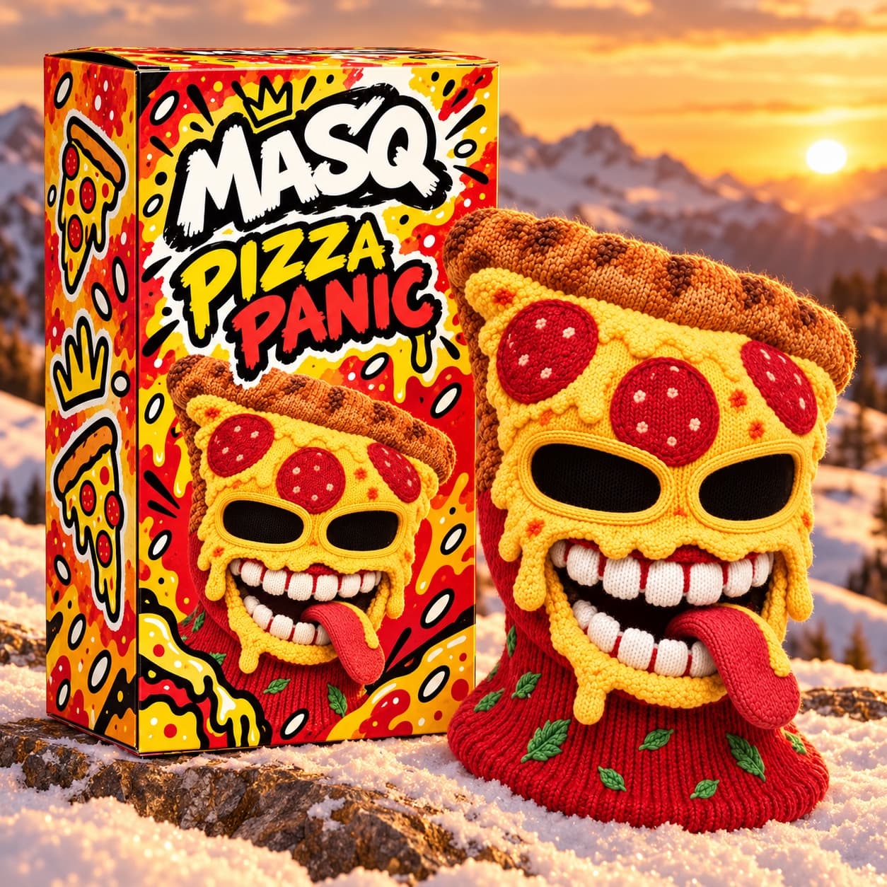 Individual MASQ Pizza Panic packaging set in the snow next to the Pizza Panic balaclava.