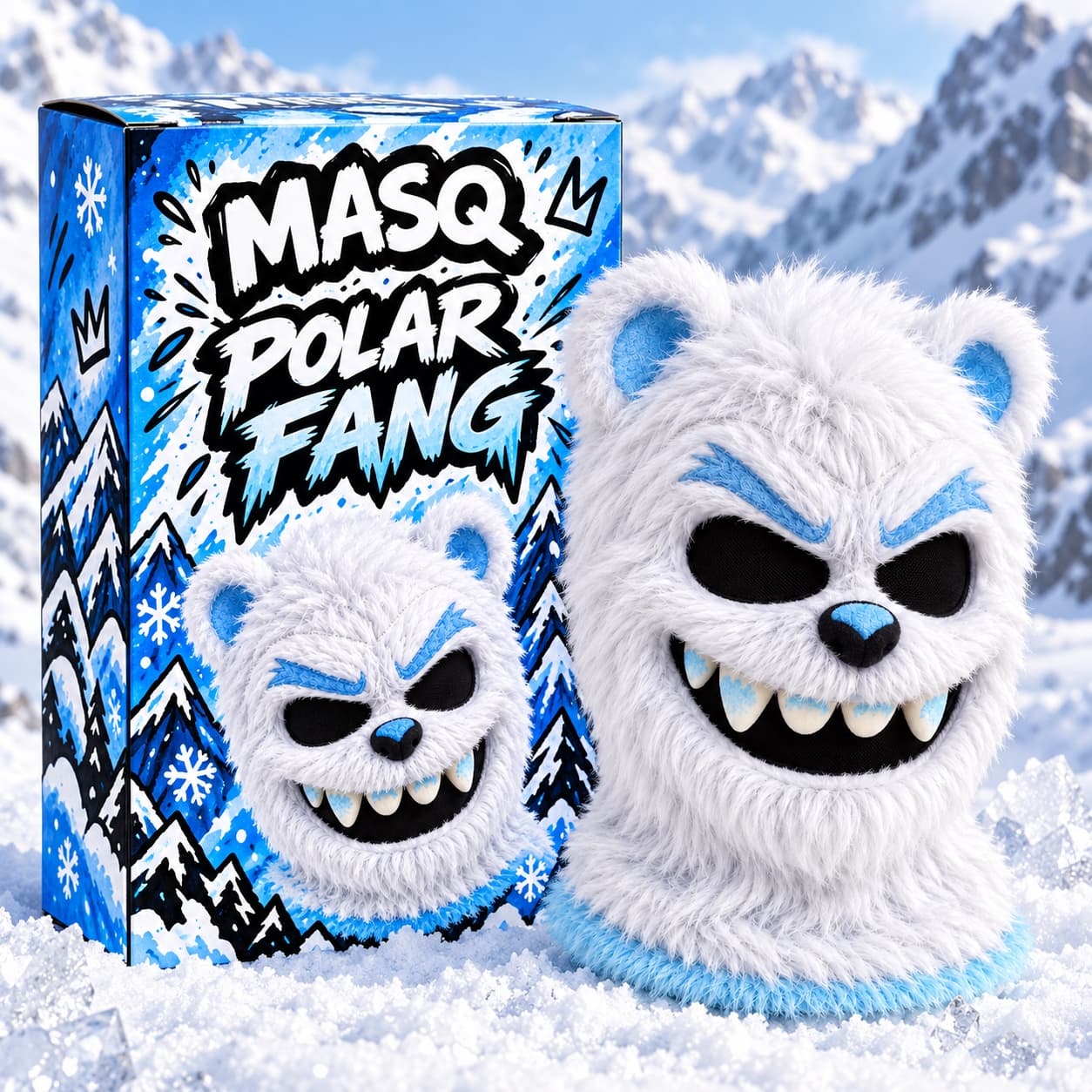 Individual MASQ Polar Fang packaging set in the snow next to the Polar Fang balaclava.