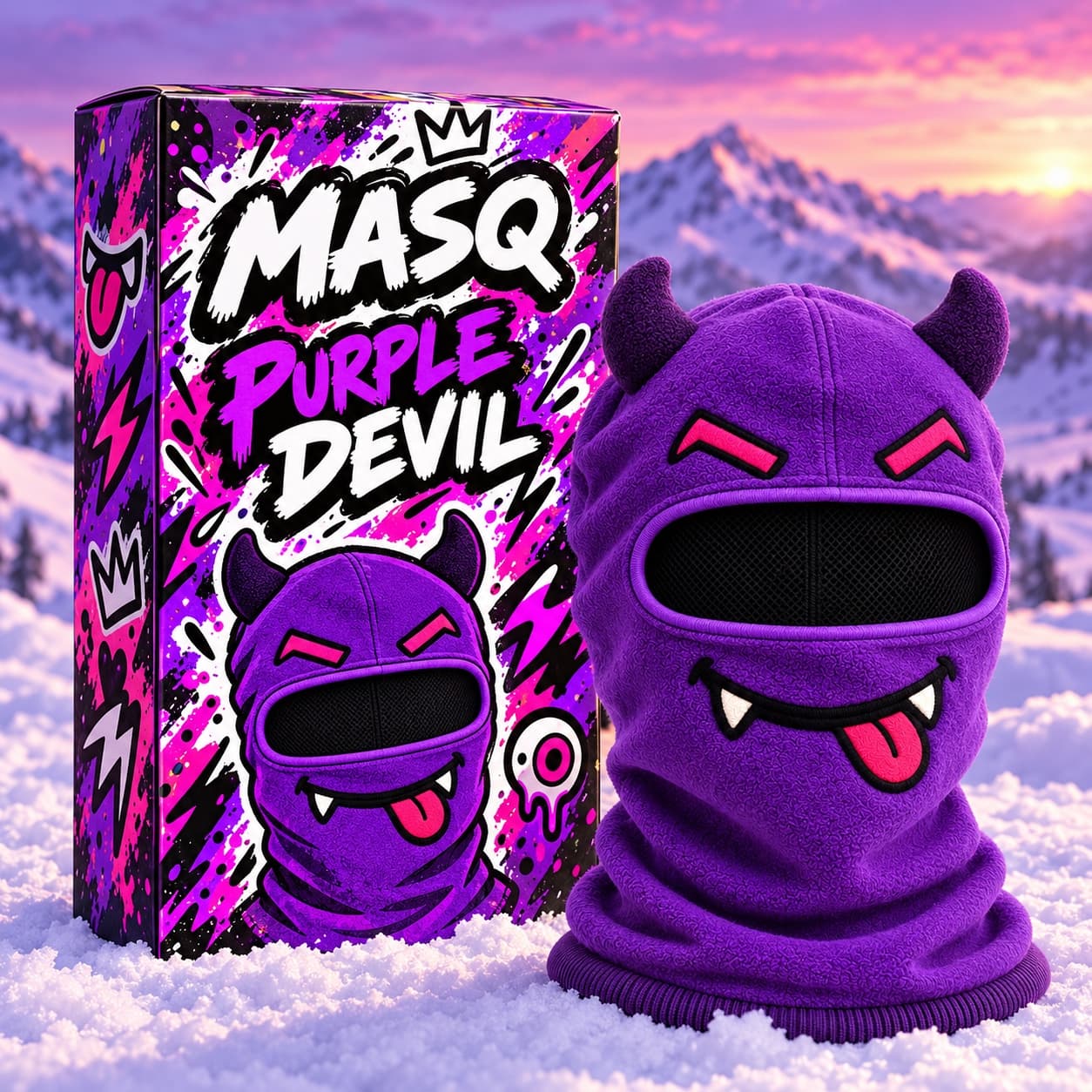 Individual MASQ Purple Devil packaging set in the snow next to the Purple Devil balaclava.