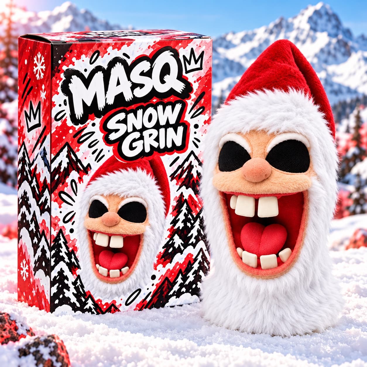 Individual MASQ Snow Grin packaging set in the snow next to the Snow Grin balaclava.
