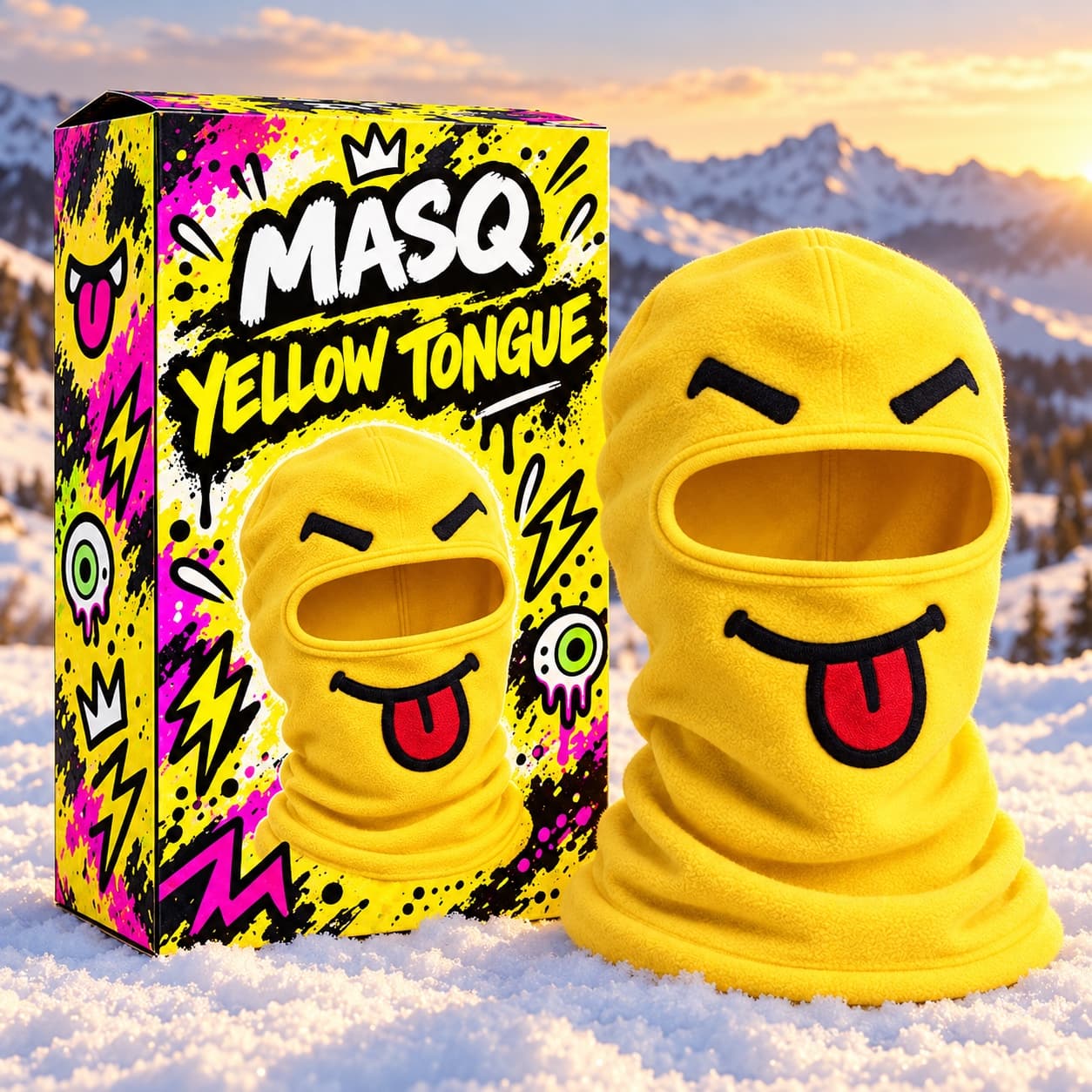 Individual MASQ Yellow Tongue packaging set in the snow next to the Yellow Tongue balaclava.